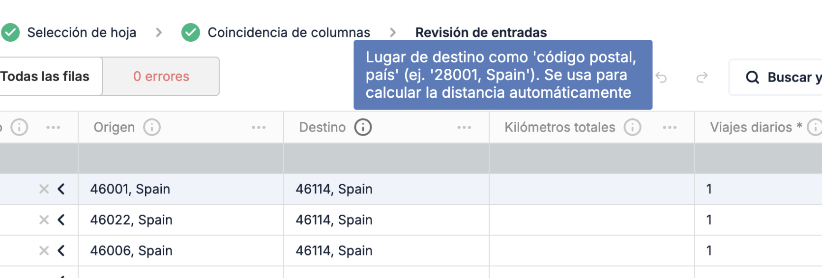 Cálculo automático de distancia en carga masiva