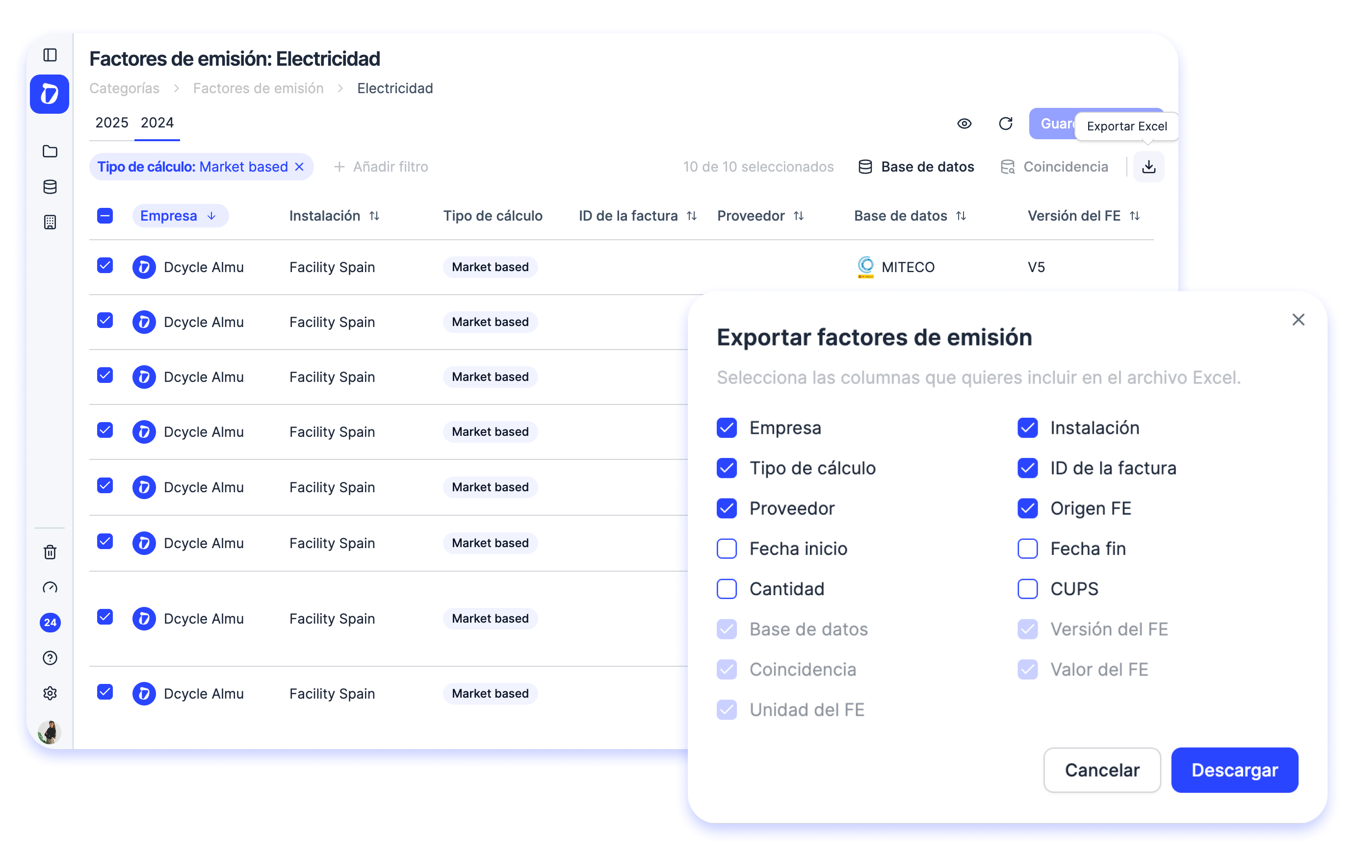 Descarga de factores de emisión en Excel