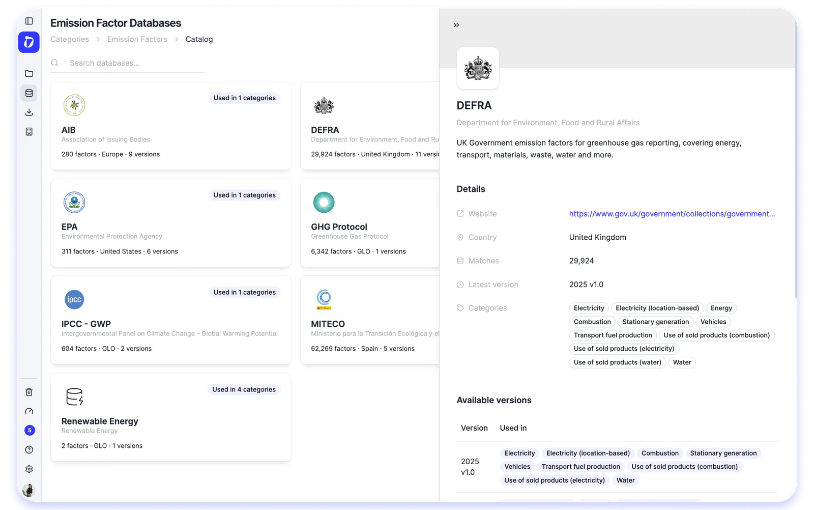 Emission factor database catalogue