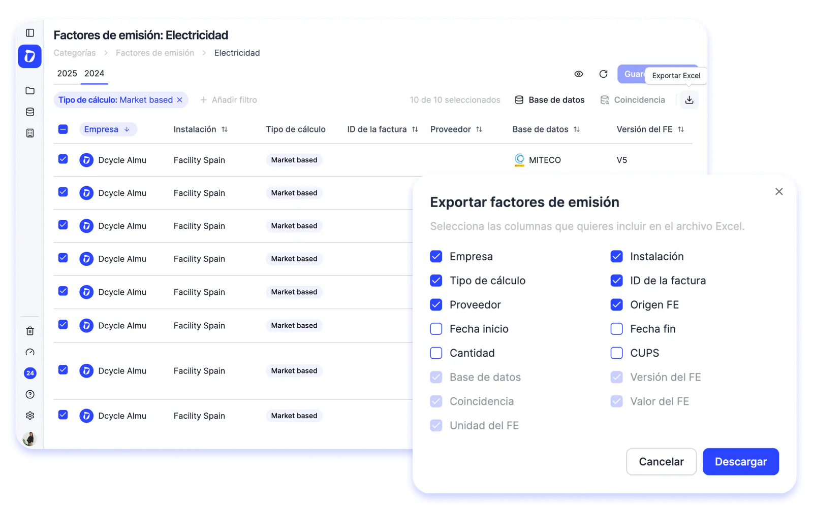 Descarga de factores de emisión en Excel