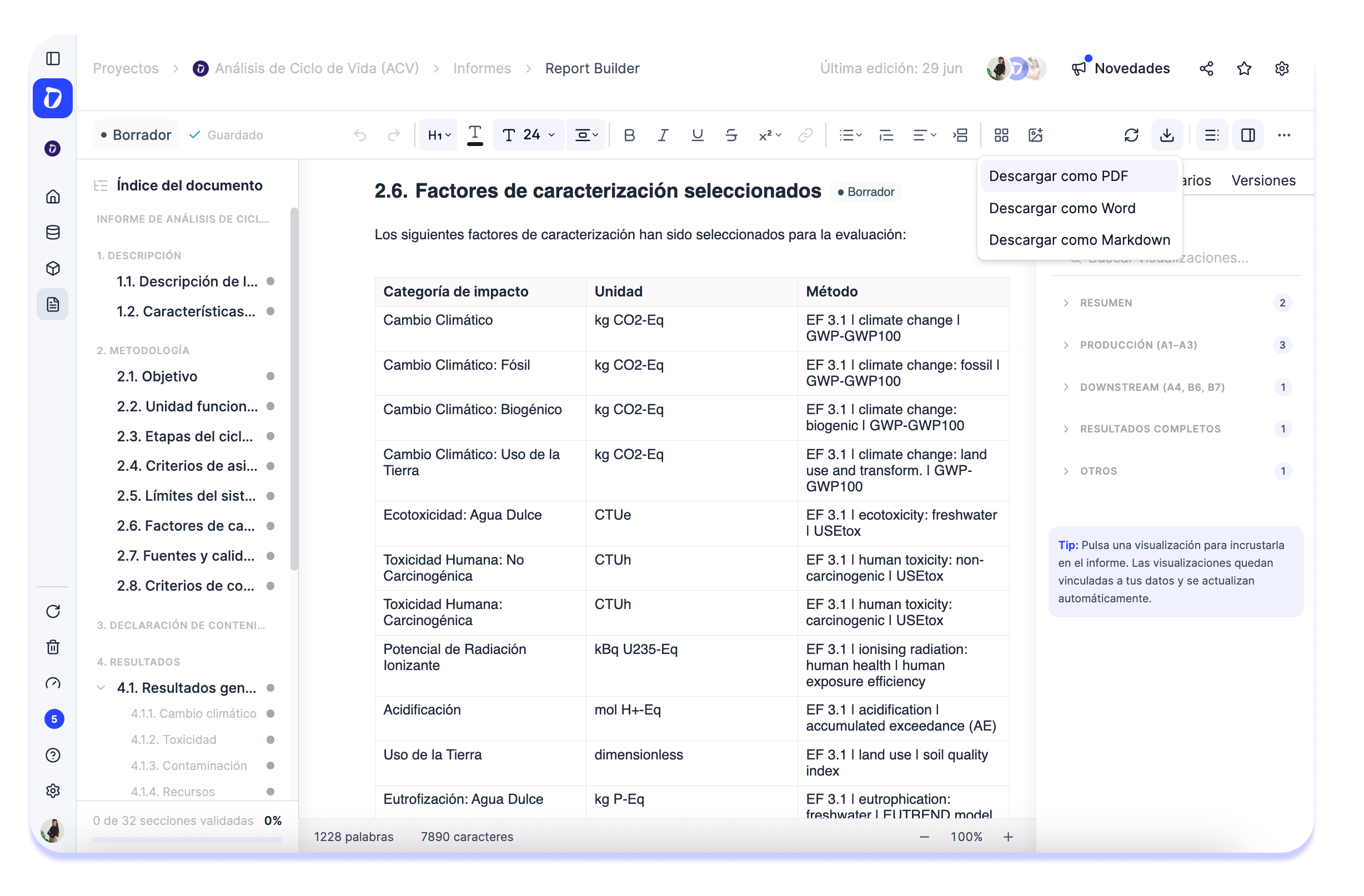 Ya puedes generar informes de ACV en PDF o Word