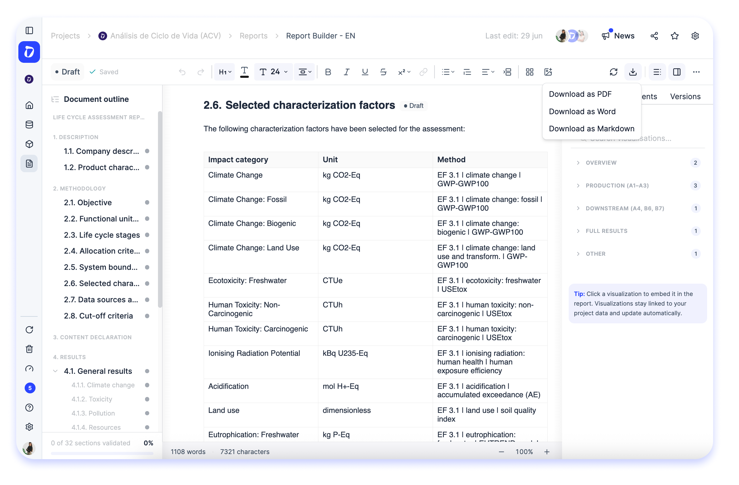 You can now generate LCA reports in PDF or Word