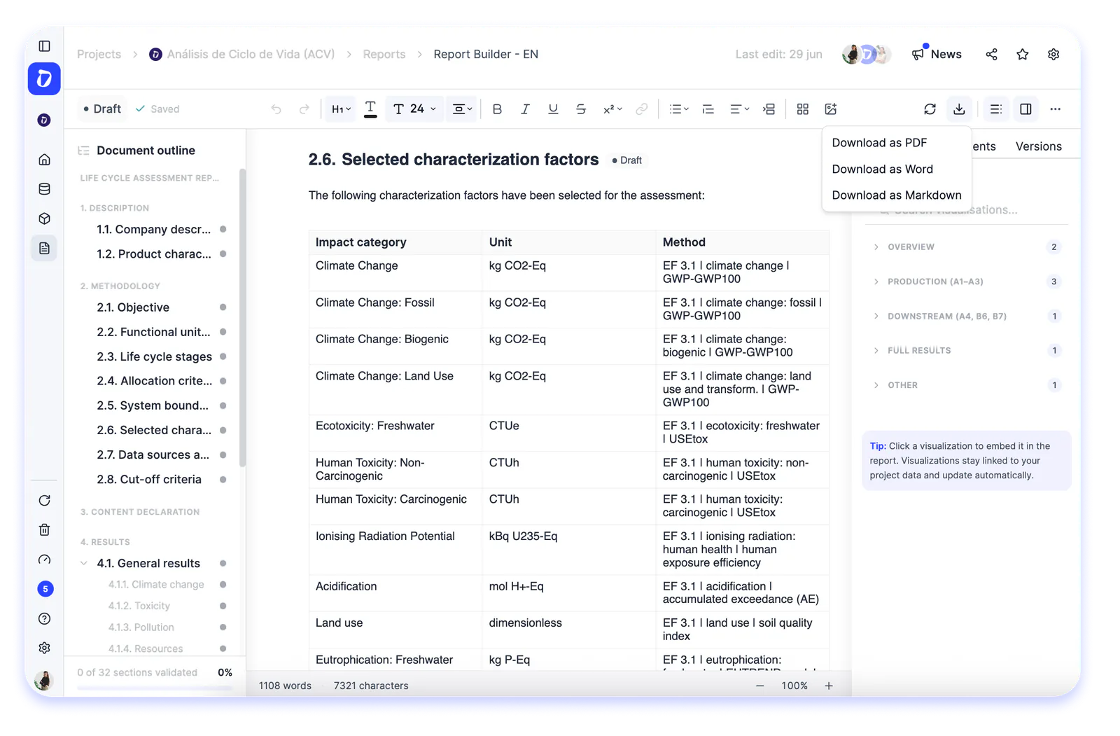 You can now generate LCA reports in PDF or Word