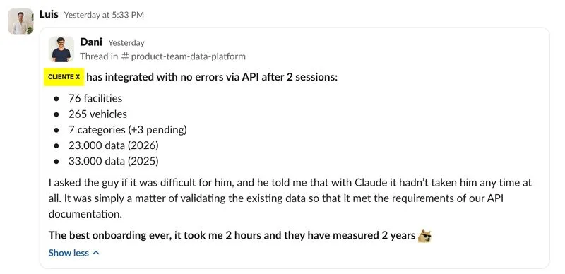 Message Slack de l'équipe : un client intégré par API sans erreur en deux sessions