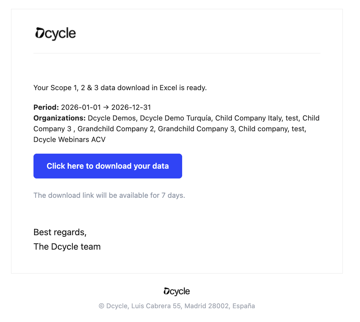 E-Mail mit dem Download-Link für die Daten aus Scope 1, 2 und 3