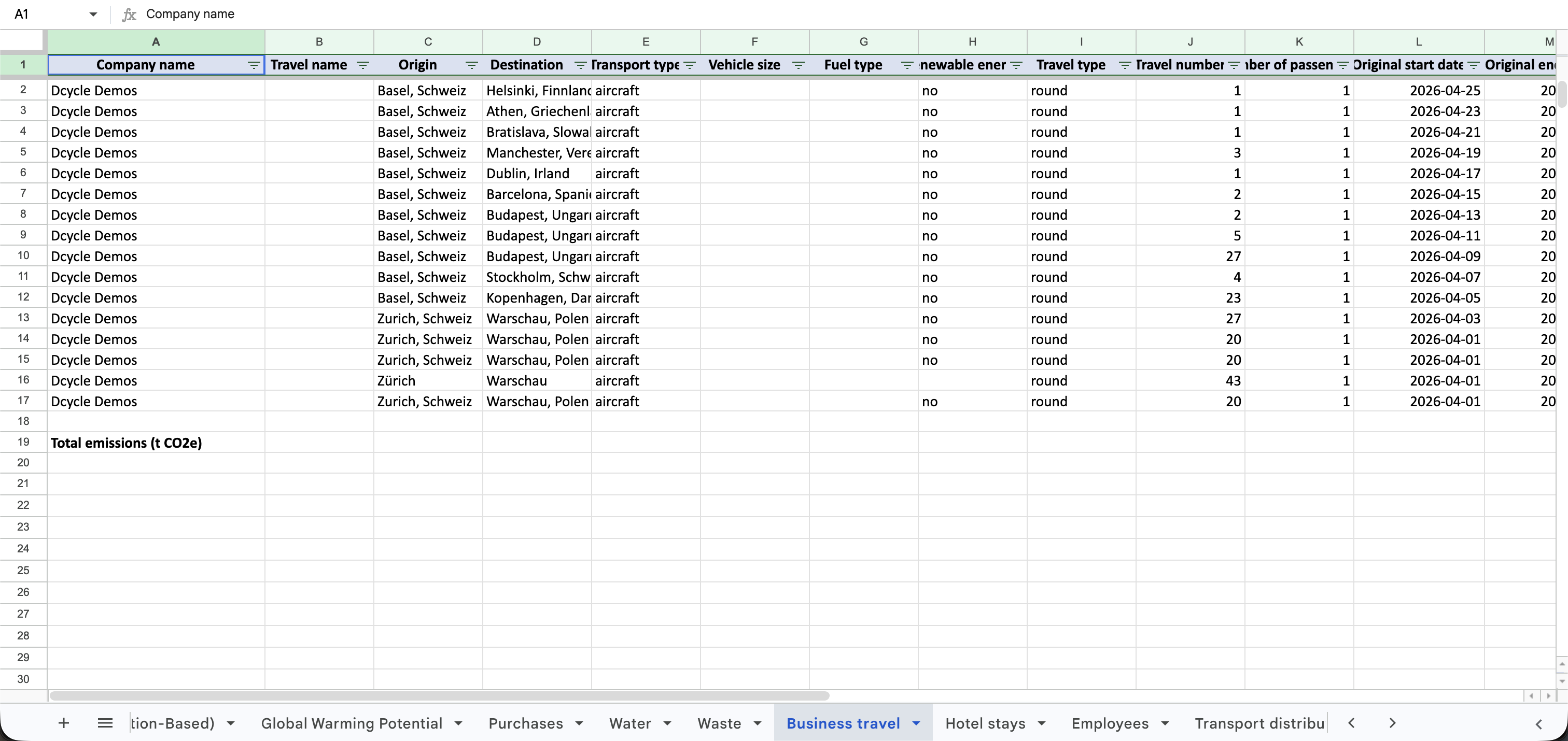 Exportierte Excel-Datei mit einem Tabellenblatt pro Kategorie