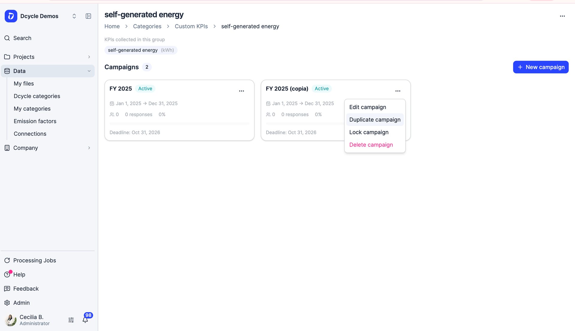 Custom KPI group with two campaigns and the duplicate campaign option