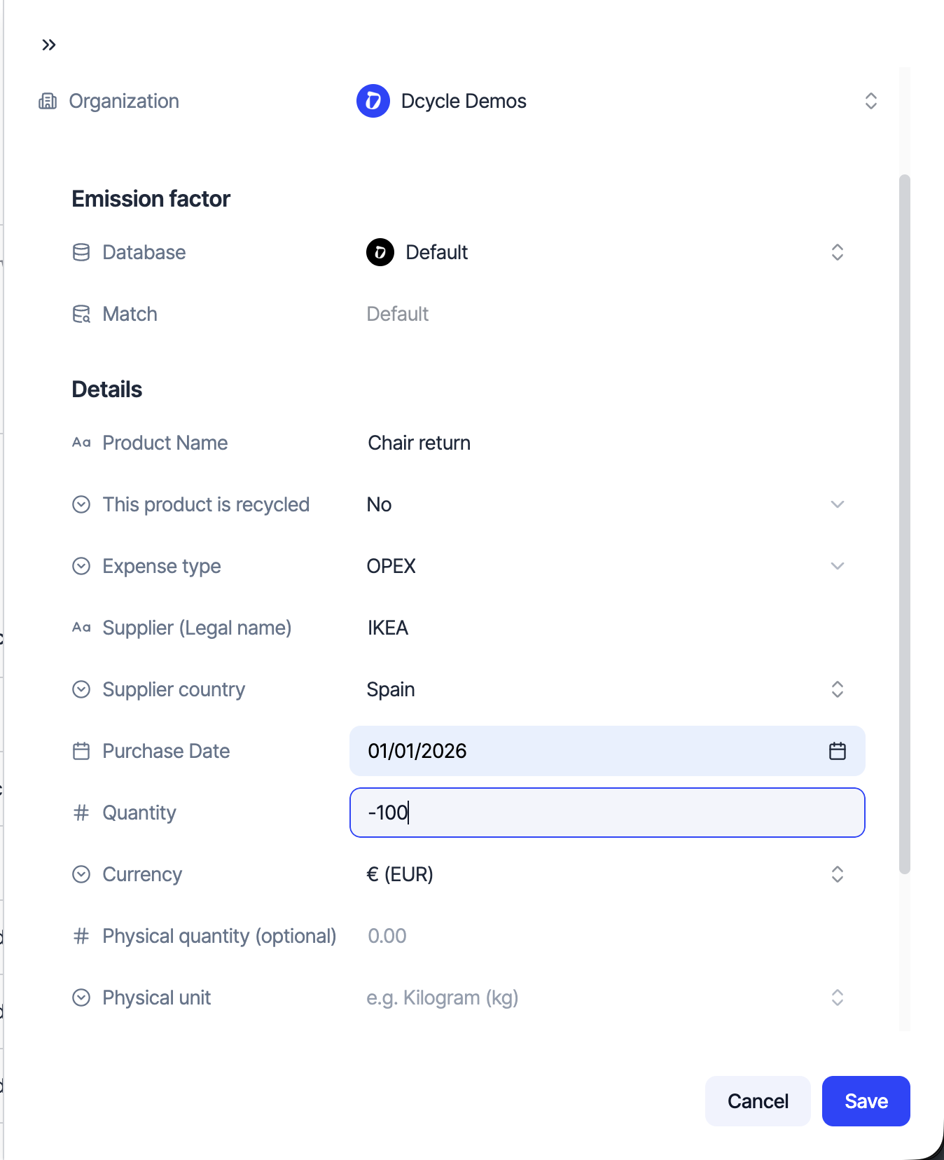 Purchase form with a negative quantity for a returned product