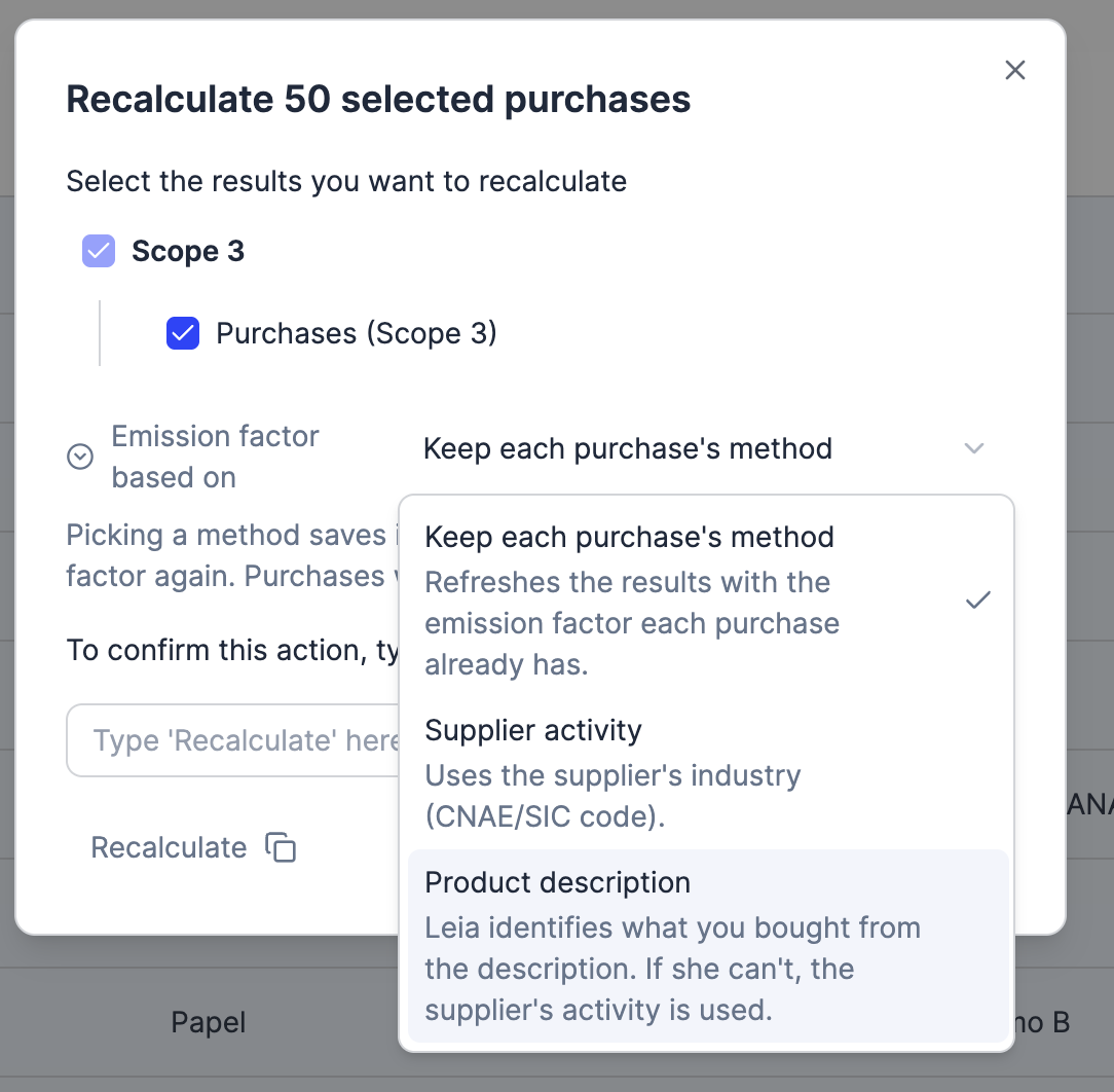 Recalculating selected purchases with a new emission factor method