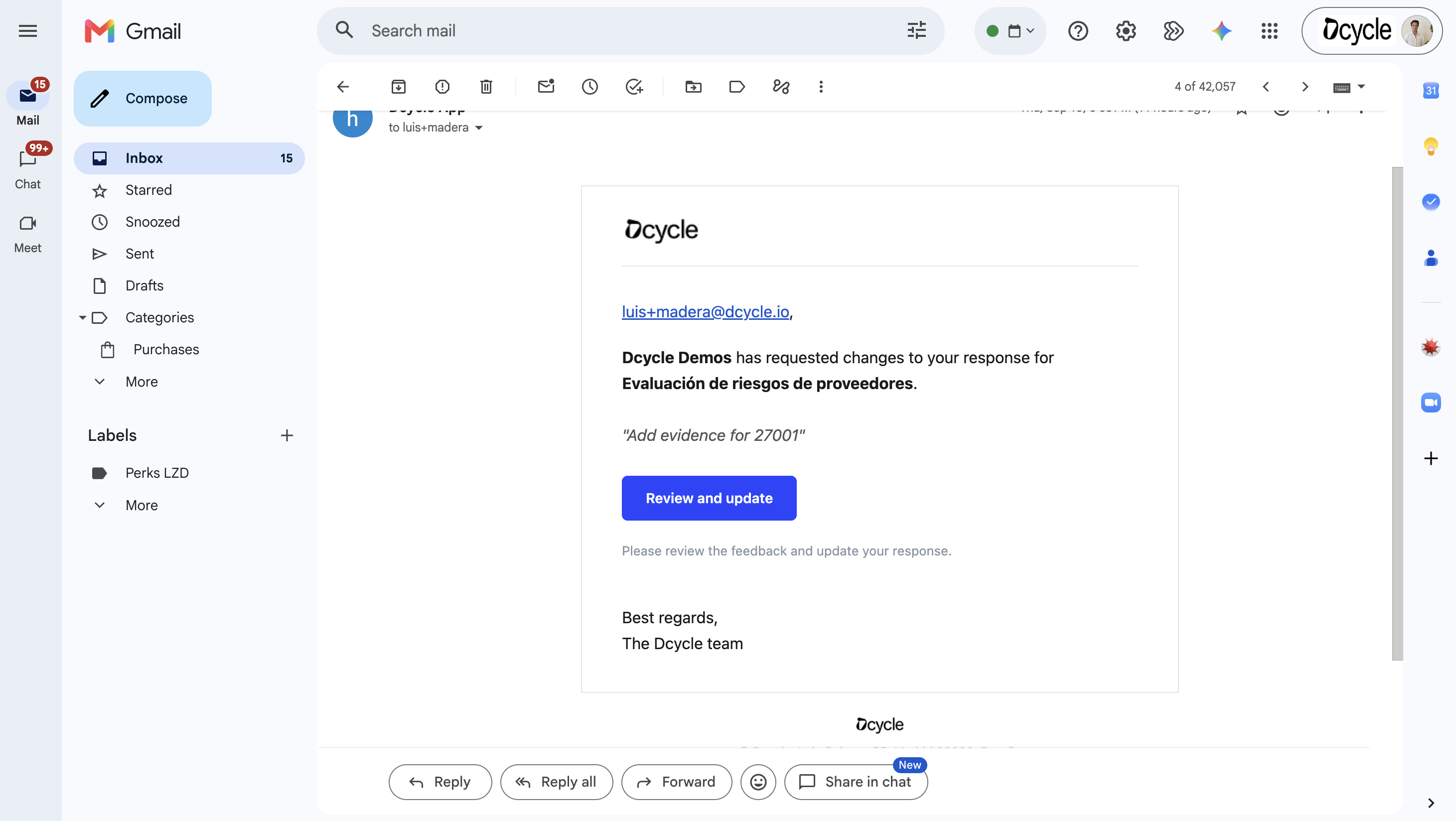E-Mail an den Lieferanten mit einer Änderungsanforderung zu seiner Antwort