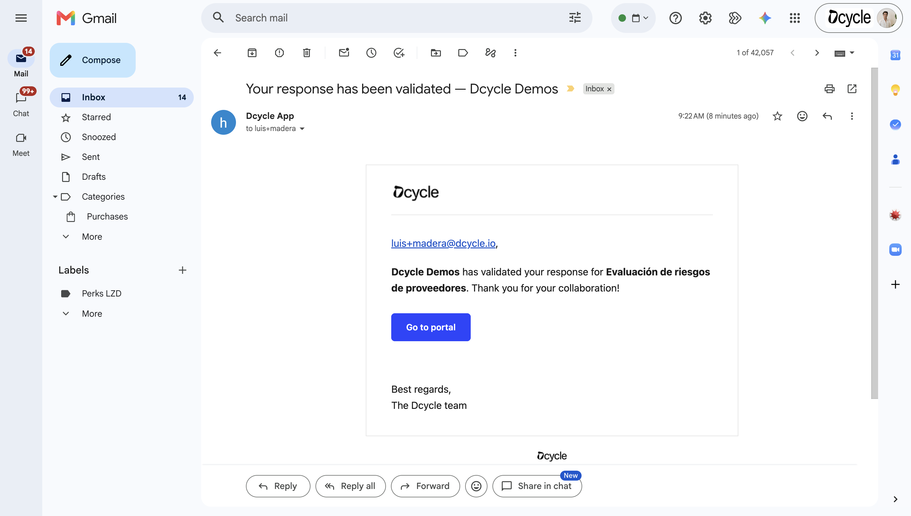 E-Mail an den Lieferanten mit der Bestätigung, dass seine Antwort validiert wurde