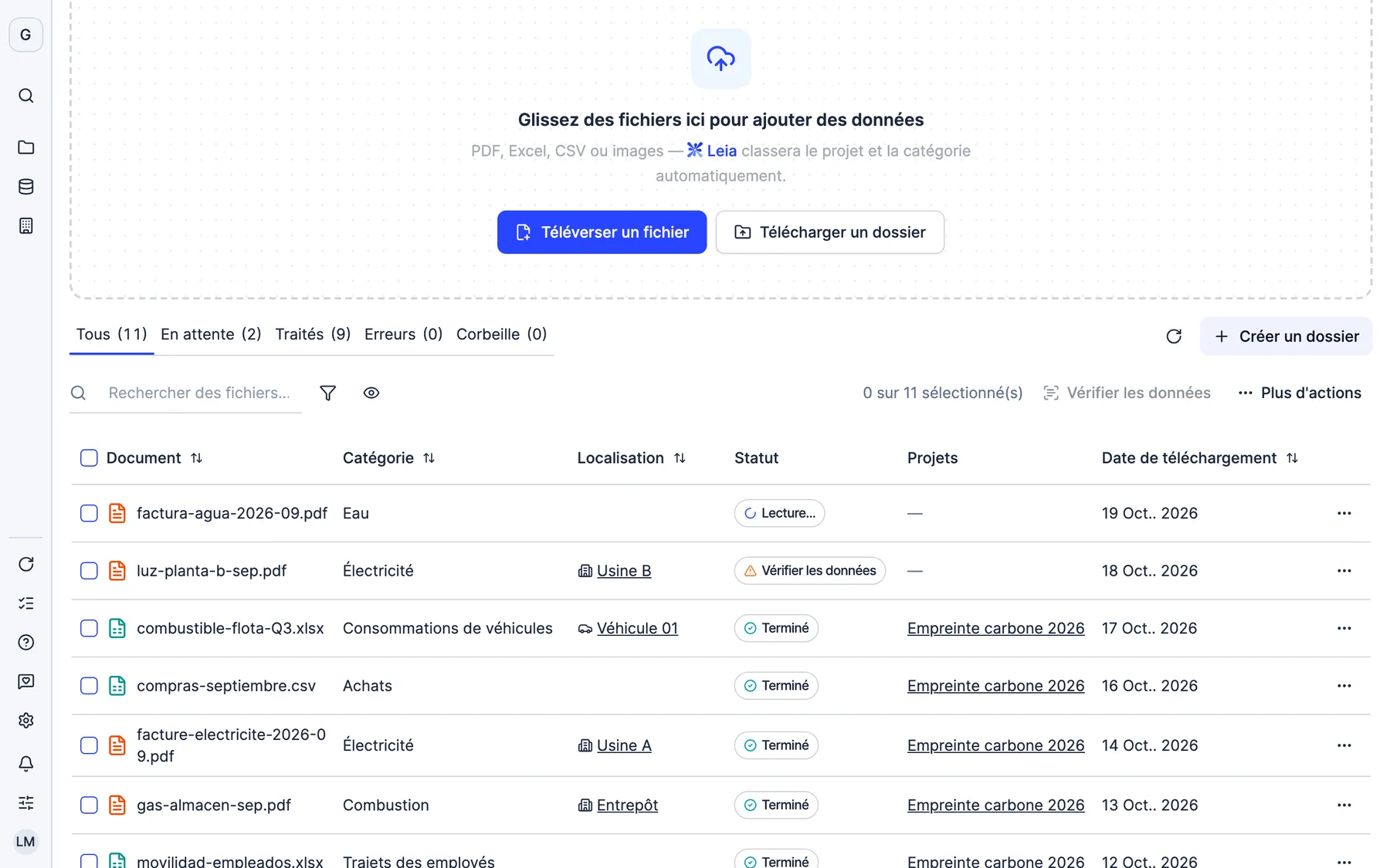 Mes fichiers dans Dcycle : factures et Excel que Leia lit et classe