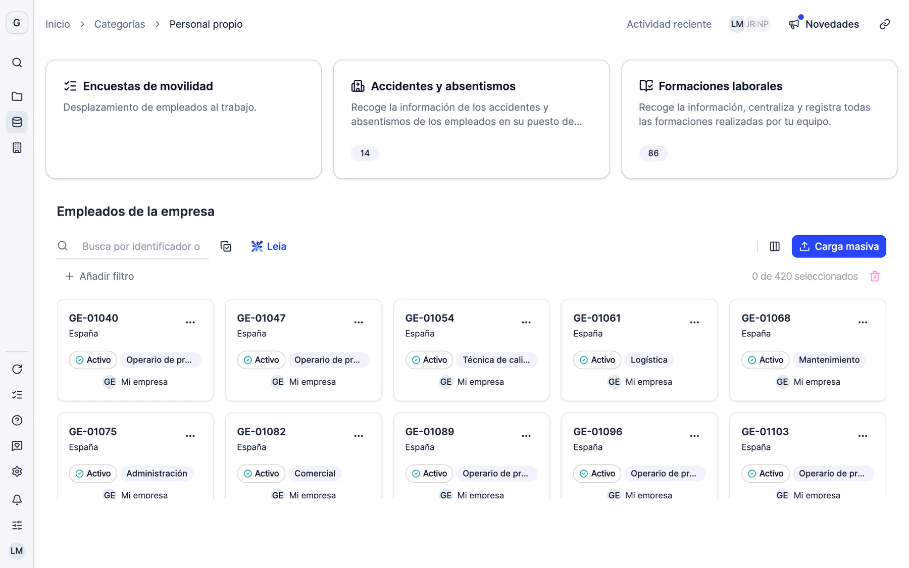 El módulo de personal propio de Dcycle con los empleados, los accidentes y absentismos y las formaciones