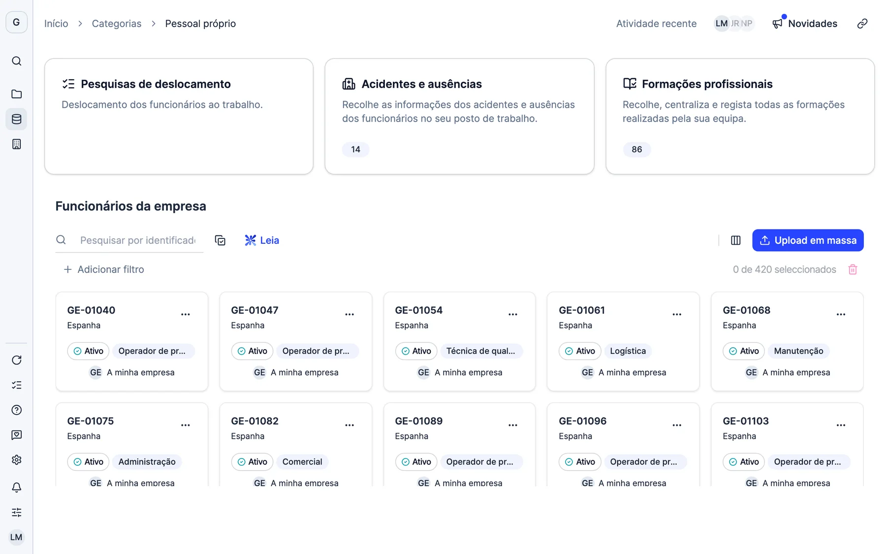 O módulo de pessoal próprio da Dcycle com os colaboradores, os acidentes e absentismos e as formações